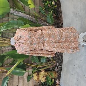 Vintage 1960 Queens Row bow neck long sleeve swing dress brown pink floral small